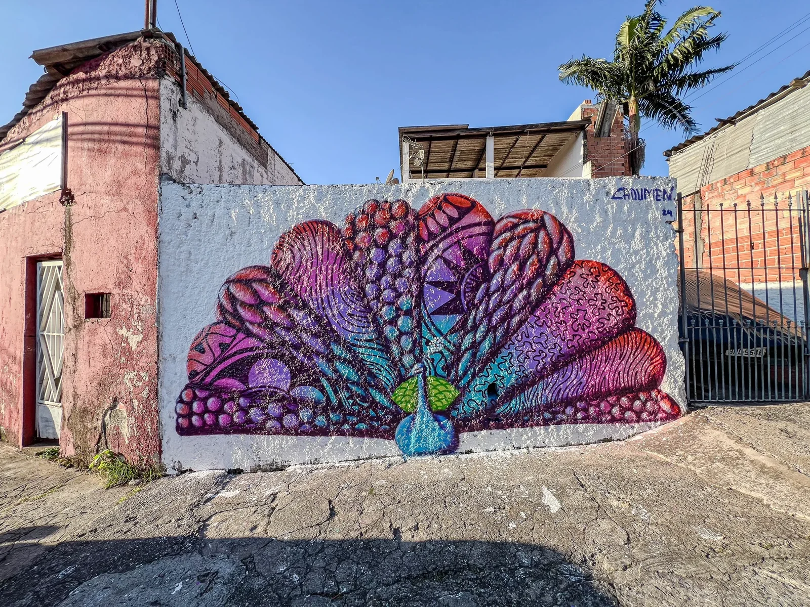 Pintura de um pavão com cauda em tons de roxo e azul sobre muro de esquina
