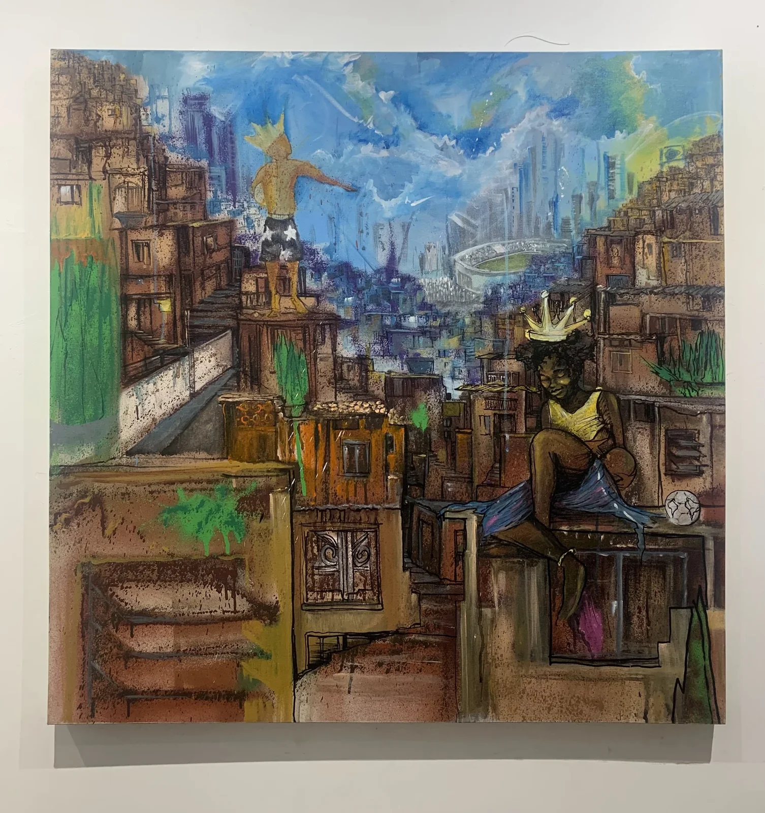 Obra sobre tela com casas e paisagem urbana sob céu azul