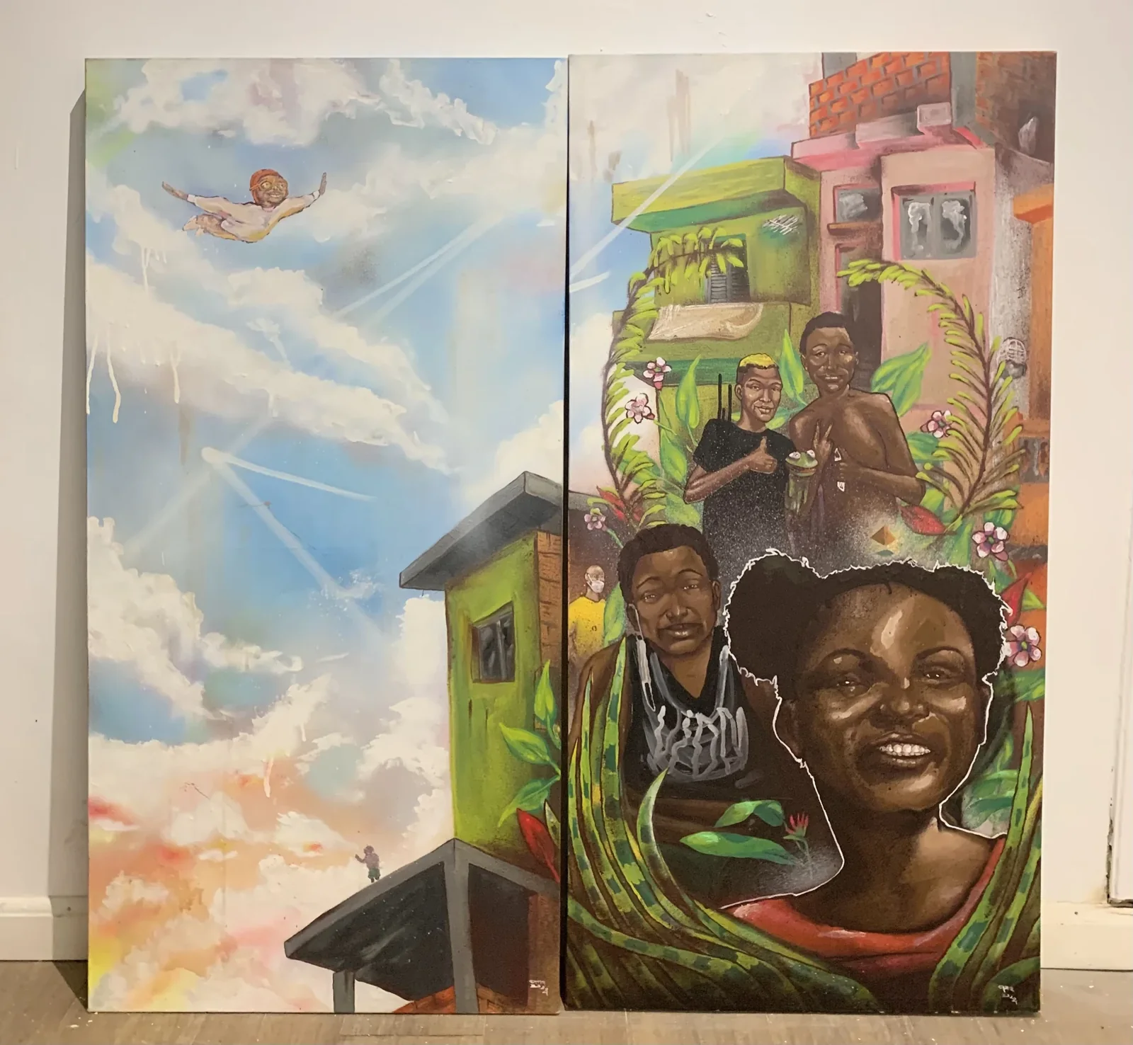 Obra sobre tela com retratos em fachadas, vegetação e céu