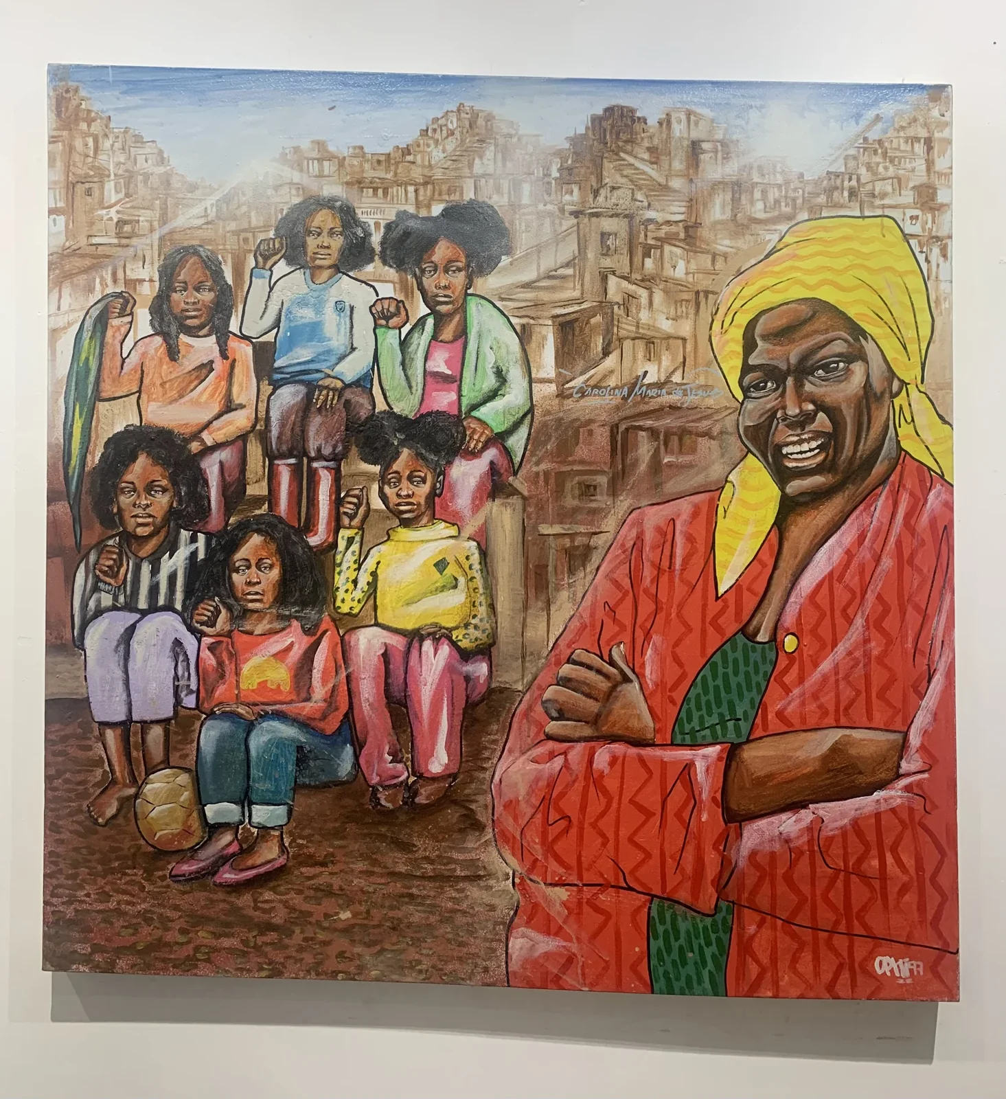 Obra sobre tela com pessoa de turbante amarelo e outras figuras humanas